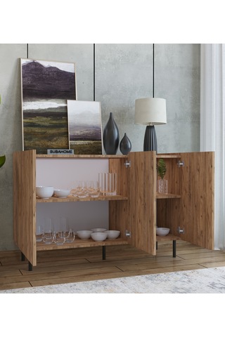 Demir Ayaklı Ahşap Görünümlü Mdf Çok Amaçlı 3 Kapaklı Konsol