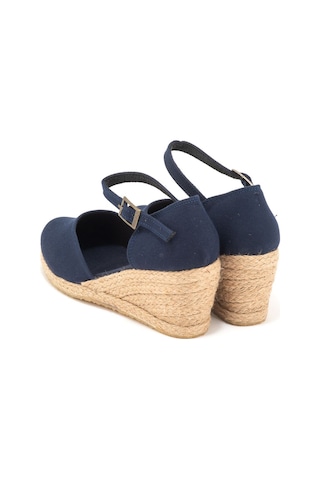 Star Tombis Gerçek Elişi Topuğu Kapalı Bilekten Bantlı Keten Espadril Dolgu Topuk Handmade Lacivert