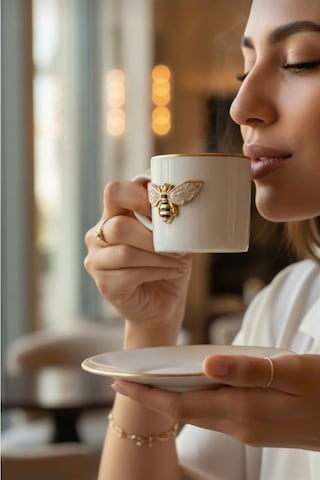 Regna Home Queen Bee 4 Parça 2 Kişilik Yaldızlı Porselen Kahve Fincan Takımı Beyaz