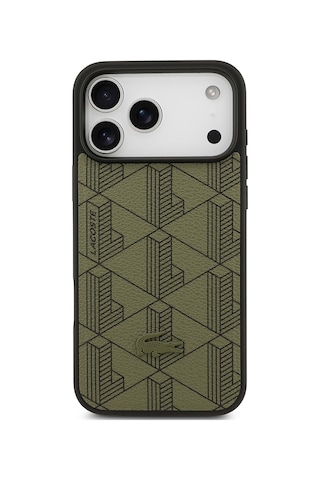Apple Uyumlu iPhone 17 Pro Max Kılıf Lacoste Lisanslı M-safeli Pu Deri Kartlıklı Karışık Monogram Desenli Yeşil Yeşil