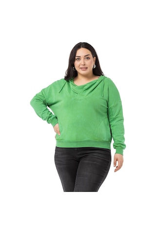 Büyük Beden Degaje Kapüşonlu Yaka Cepli Parça Boyalı Üç İplik Yeşil Sweatshirt-yeşil Yeşil