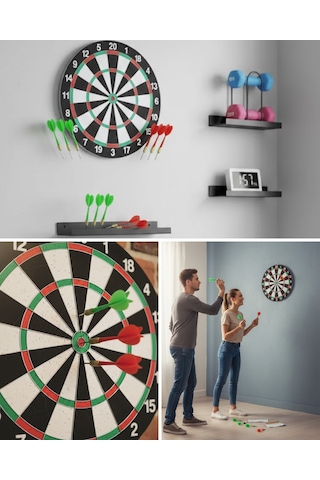 Şık Tasarımlı 15 İnç Dart Tahtası Metal Uçlu 4 Ok Seti - Lisinya Standart