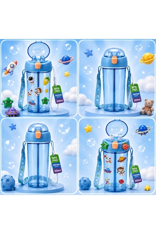 Heydiye Mâbeyn İkili Suluk 550 Ml Tritan Bpa-bps Free Matara, Çift Hazneli, Çift İçim Kapaklı, Bilek Ve Boyun Askılı, Sticker & 3d Figür Hediyeli Açık Mavi