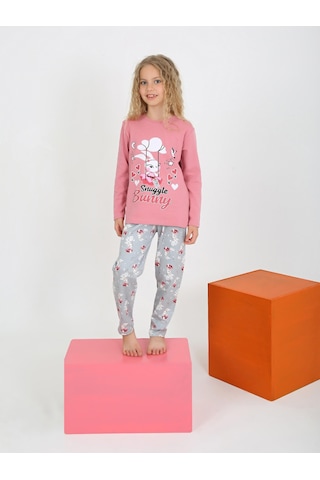 Kız Çocuk Uzun Kollu %100 Pamuklu Pijama Takımı Snuggle Bunny Gül