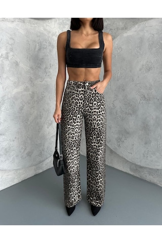 Zeo Basic Wide-leg Pantolon Leopar Desnli Bej Bej