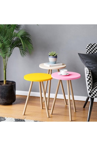 İntergo Renkli Üçlü Zigon Sehpa Ahşap Ayaklı Yuvarlak Pastel Tasarım Sarı-Krem-Pembe