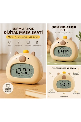 Cappybara Termometreli Çocuk Gece Lambası Masa Saati Açık Kahverengi