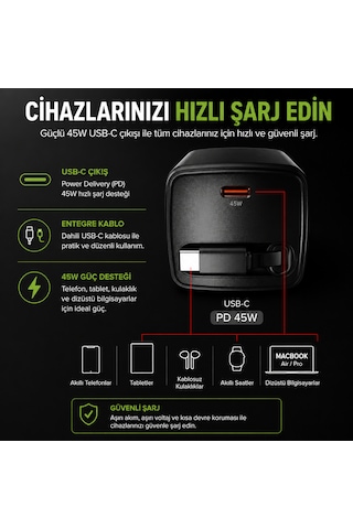 Sbs 45w Gan Usb-c Hızlı Şarj Adaptörü Pd Entegre 75 Cm Geri Sarılabilir Usb-c Kablo Ek Usb-c Çıkış Çift Cihaz Şarj