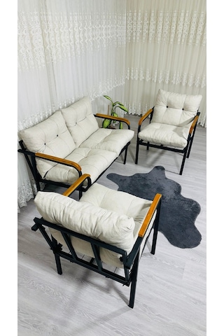 Madame Home Kalanşo Balkon, Bahçe,teras,cafe - Salon - Metal Kanepe Koltuk Takımı Çay Seti 2+1+1 Krem