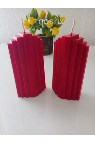 2'li Kırmızı Soya Doğal Vanilya Kokulu Sütun Geometrik Şekil Mum