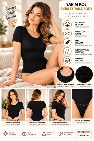 Kadın Yarım Kol Bisiklet Yaka Çıtçıtlı Body Siyah, Esnek Kumaş, Vücuda Oturan Basic Body - Ryl - 2721 Xl