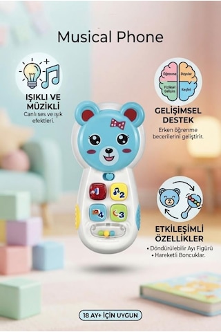 Tıfıl Toys Eğitici Aynalı Müzikli Telefon - Işıklı Sevimli Ayıcık Figürlü Bebek Gelişim Oyuncağı Mavi