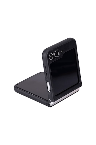 Samsung Galaxy Z Flip5 Uyumlu Deri Arka Kapak Parlak Siyah
