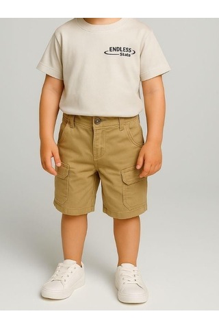 Erkek Bebek Pamuklu Kumaş Cepli Şort-16008 Bej