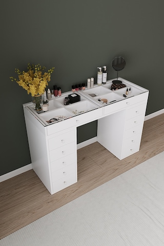 Df02116b Beyaz Geniş Organizer Bölmeli Çekmeceli Makyaj Masası 120 Cm Beyaz