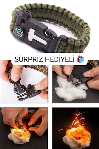 Hayatta Kalma Bilekliği Çakmak Taşı, Pusula, Yüksek Desibel Düdük Çok Amaçlı Bileklik Haki
