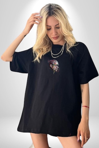 İnsan Kafası Sulu Boya Siyah Oversize Unisex Ön Orta Minimal Baskılı Tişört Siyah