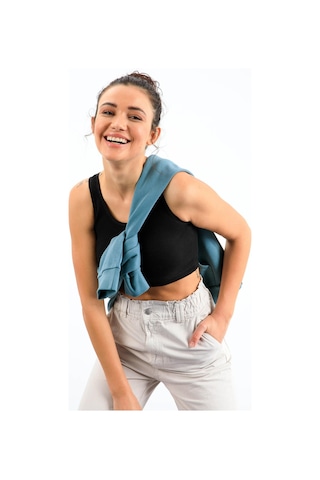 Tommy Life Siyah Basic Sıfır Kol Dar Kalıp U Yaka Kadın Crop Top Atlet - 97160 Siyah