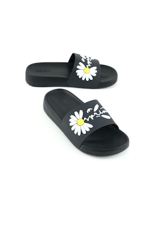 Gezer Kadın Yazlık Papatya Tasarım Pu Rahat Taban Ev Banyo Havuz Plaj Terlik Siyah