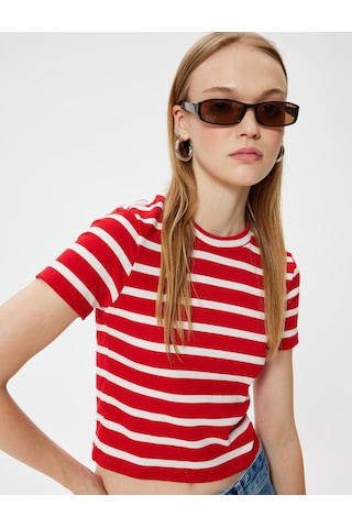 Koton Basic Tişört Kısa Kollu Bisiklet Yaka Slim Fit Kırmızı Çizgili 5wal10227ık Kırmızı