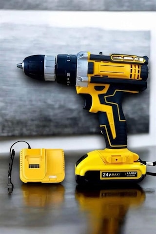 Çift Bataryalı Metal Dişli Darbeli Şarjlı Matkap Seti 24w Güç Ve 24 Parça Aksesuar