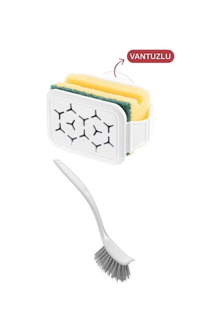 Bulaşık Yıkama 2 Li Set, Vantuzlu Bulaşık Süngeri Askısı Tutacağı Sıkacağı + Bulaşık Fırçası Seti