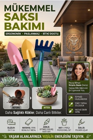 Premium 3'lü Hobi Bahçe Seti Renkli Metal El Küreği Ve Tırmık Takımı 723604