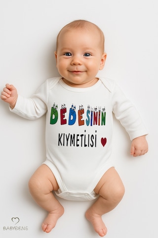 Babyden's Dedesinin Kıymetlisi Yazılı Uzun Kollu Bebek Zıbını %100pamuk Çıtçıtlı Body Beyaz