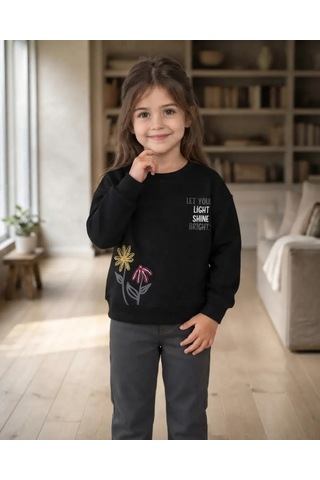 Roya Kız Çocuk Siyah Sweatshirt Çiçek Desenli Kışlık
