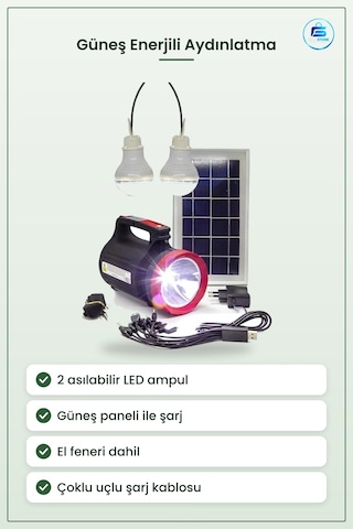 Güneş Enerji Sistemi Ev Işık Paneli 2 Ampullü El Feneri Şarjlı Ta