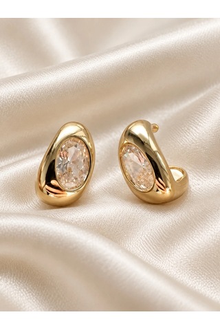 Oval Taşlı Küpe Gold Renk