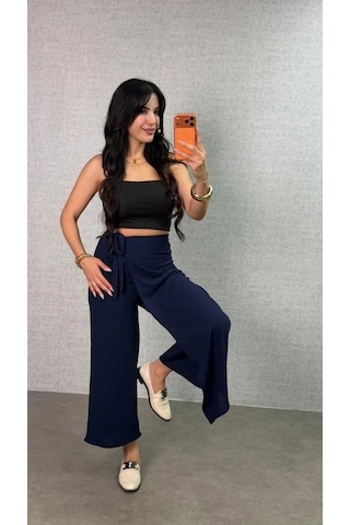 DefyModa Kadın Beli Lastikli Bağcık Detay Aerobin Kumaş Etek Pantolon Lacivert