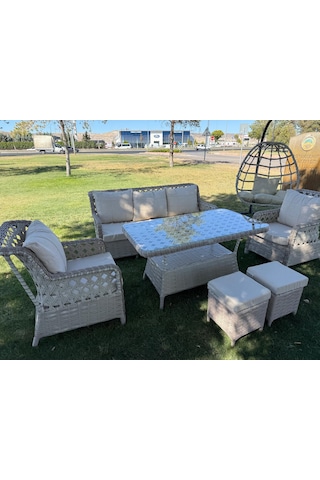 "city View" Lüks Rattan Balkon/teras Takımı Ve Salıncak Seti 7 Kişilik Krem