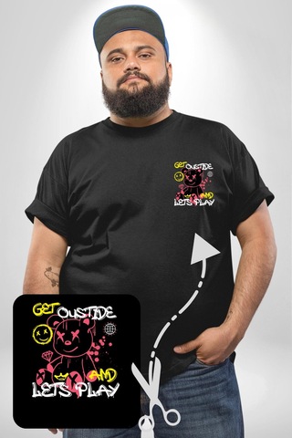 Angemiel Dışarı Çık Ve Oynayalım Teddy Siyah Büyük Beden Kadın Basic Minimal Baskılı Tişört Siyah