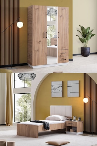 Genç Odası Efes 3 Kapaklı Dolap,karyola,komodin Ceviz Krem Ceviz