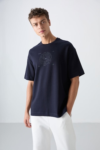 Tommy Life Lacivert Pamuklu Kalın Yumuşak Dokulu Oversize Fit Baskılı Erkek T-shirt - 88324 Lacivert