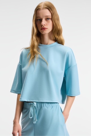 Ethıquet VELA Kadın Esnek Kumaşlı Bisiklet Yaka Oversize Fit Mavi T-Shirt