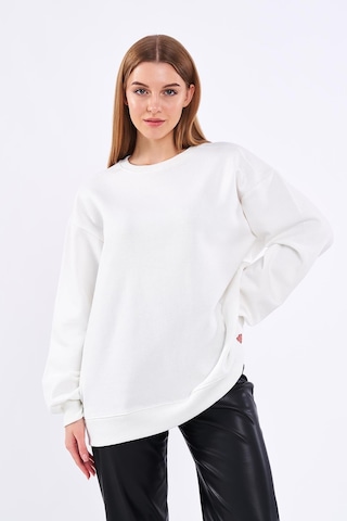 Mmetalic Ekru Kadın Pamuklu Oversize Basic Bisiklet Yaka Sweatshirt 001