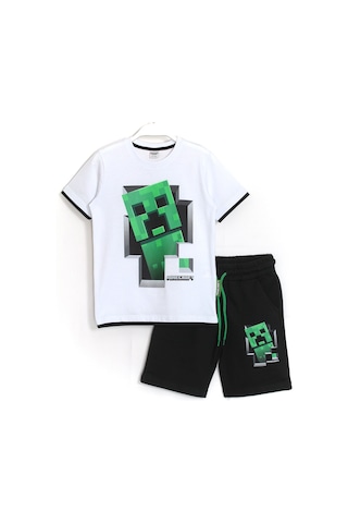 Minecraft Baskılı Erkek Çocuk Şortlu Takım 6 - 14 Yaş Siyah Beyaz