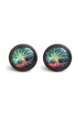 Galaksi Nebula Desenli Yuvarlak Bronz Renk Küpe Unisex Çok Renkli