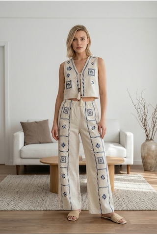 Nibu Boutique Nakış Detaylı Alt Üst Takım Ekru