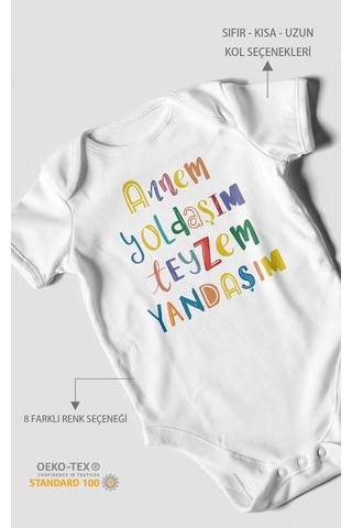 Annem Yoldaşım Teyzem Yandaşım Baskılı Bebek Zıbını Çıtçıtlı Body %100 Pamuk Kısa Kol Beyaz