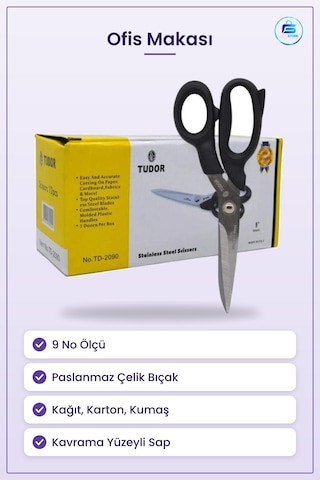 Makas 9 No Siyah Paslanmaz Çelik Kumaş Kağıt Karton Kesme Ofis Kı