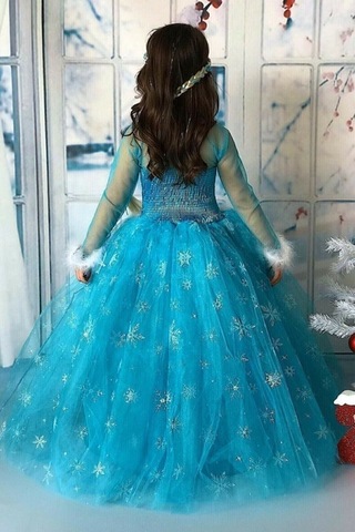 Parti Selesi Karlar Ülkesi Frozen Elsa Kostüm Mavi Tarlatanlı Uzun Kollu Elbise Kız Çocuk Kıyafet Mavi
