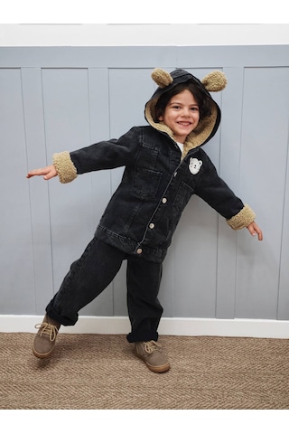 Butik Şirin Teddy Kulaklı Erkek Çocuk Siyah Kot Mont - İçi Kürklü / Peluş Astar Ceket