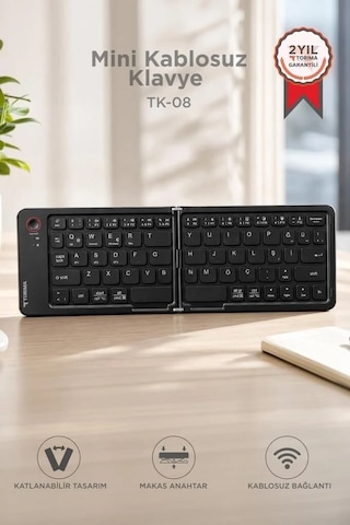 Ofis Aksesuar Mobil Kablosuz Klavye Bluetooth Katlanabilir Şarjlı Mini Klavye Tk08 Siyah