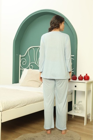 Göğüs Dantel Detaylı Kadın Hamile Pijama Takımı 1031 Mavi