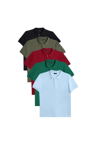 Tudors Erkek 5'li Paket Siyah-haki-bordo-zümrüt Yeşili-mavi Slim Fit Pamuklu Düz Pike Polo Yaka Tişört-33105 Multi Çok Renkli