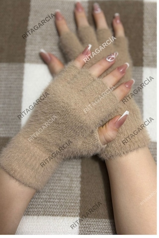 Peluş Kesik Parmak Eldiven Bej2