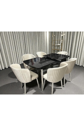 Msy Home 6 Kişilik Exclusive Kelebek Black Marble Krom Ayaklı Modern Yemek Odası Grubu 84512 Bej